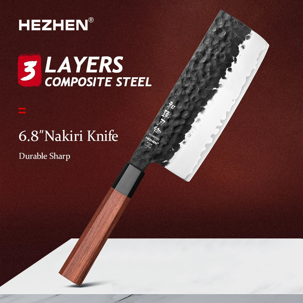 HEZHEN 1PC-5PC Kitchen Knife Set Chef Utility Stainless Steel 3 Layers Composite Steel Santoku Nakiri Kitchen Accessories